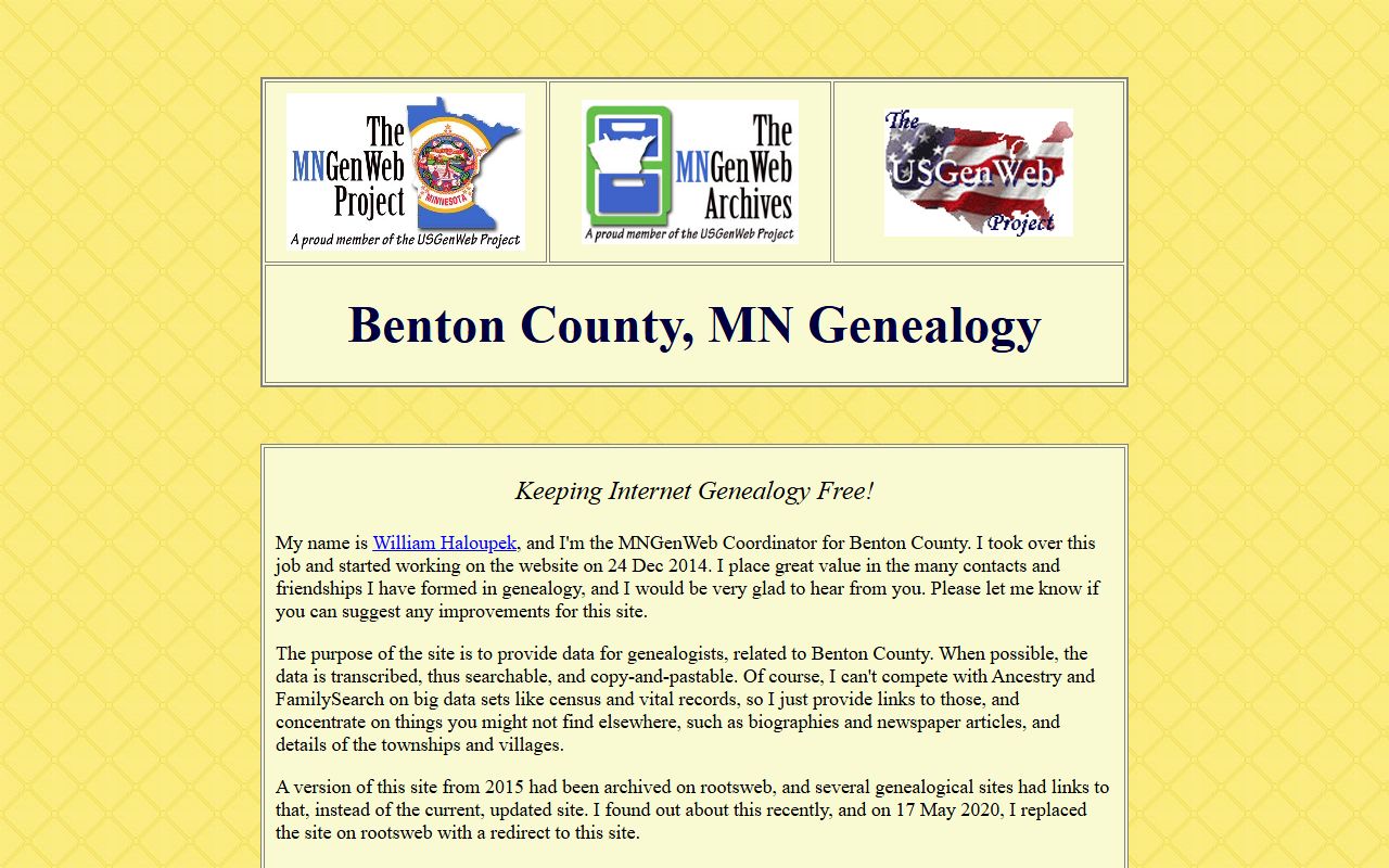 Benton County MNGenWeb genealogy records portal
