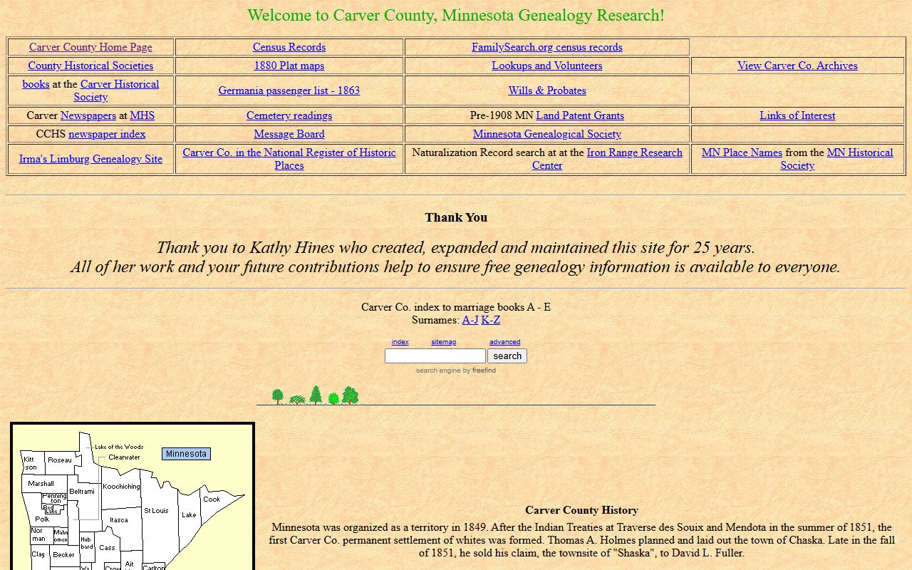 Carver County MNGenWeb genealogy records and marriage index