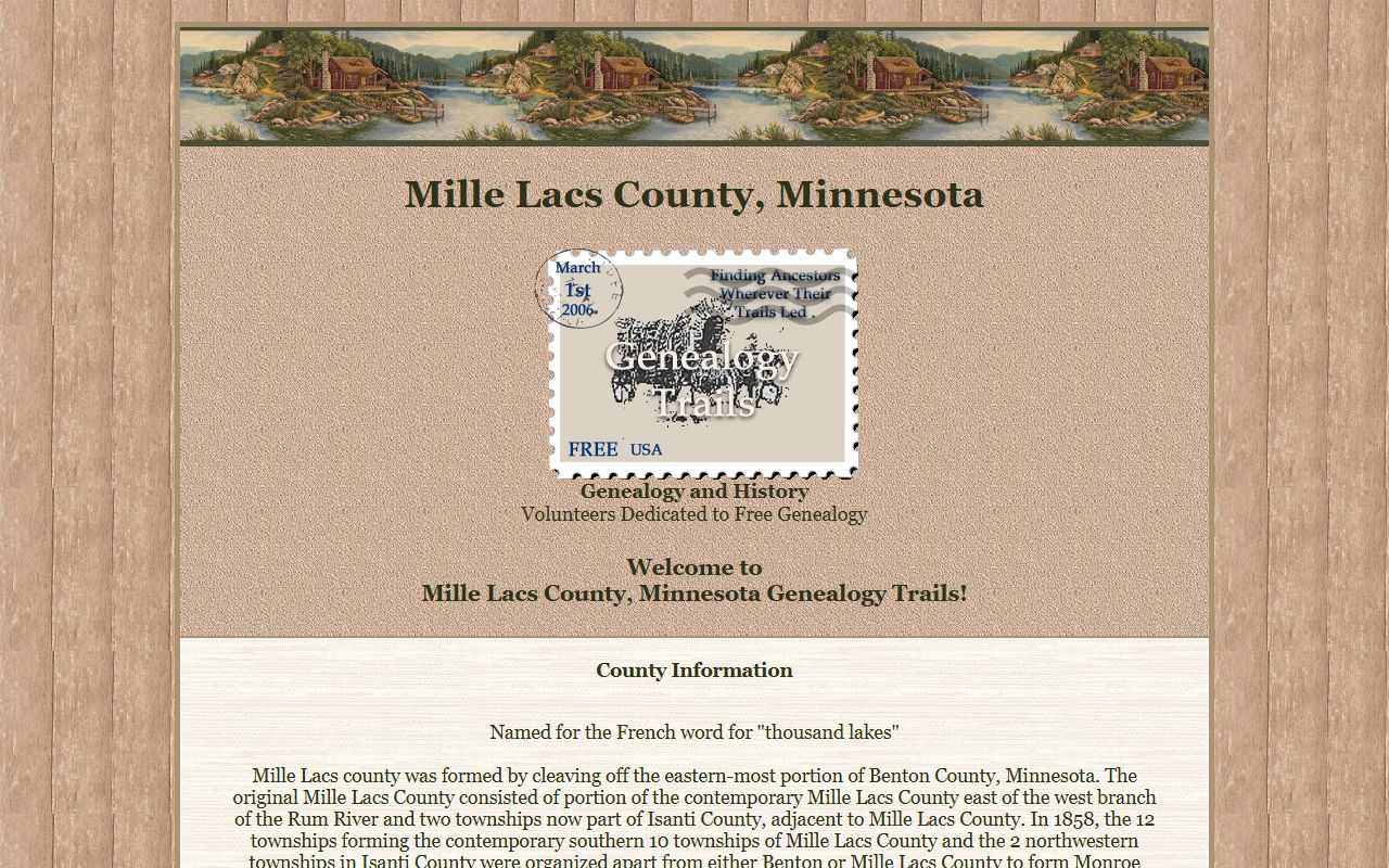Mille Lacs County Genealogy Trails transcribed records