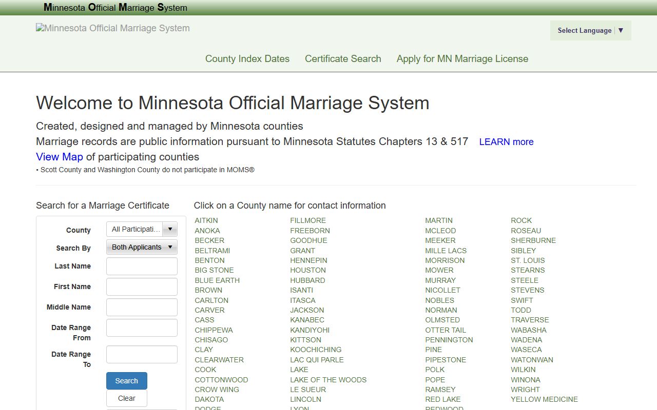 Minnesota Official Marriage System MOMS - Minnesota Genealogy Records