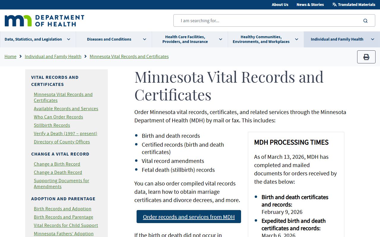 Minnesota Department of Health Vital Records - Minnesota Genealogy Records