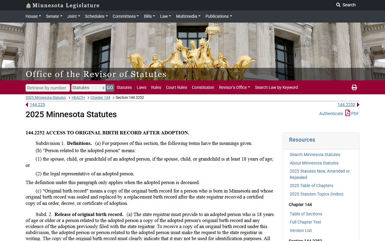 Minnesota Statute 144.2252 Adoption Records - Minnesota Genealogy Records